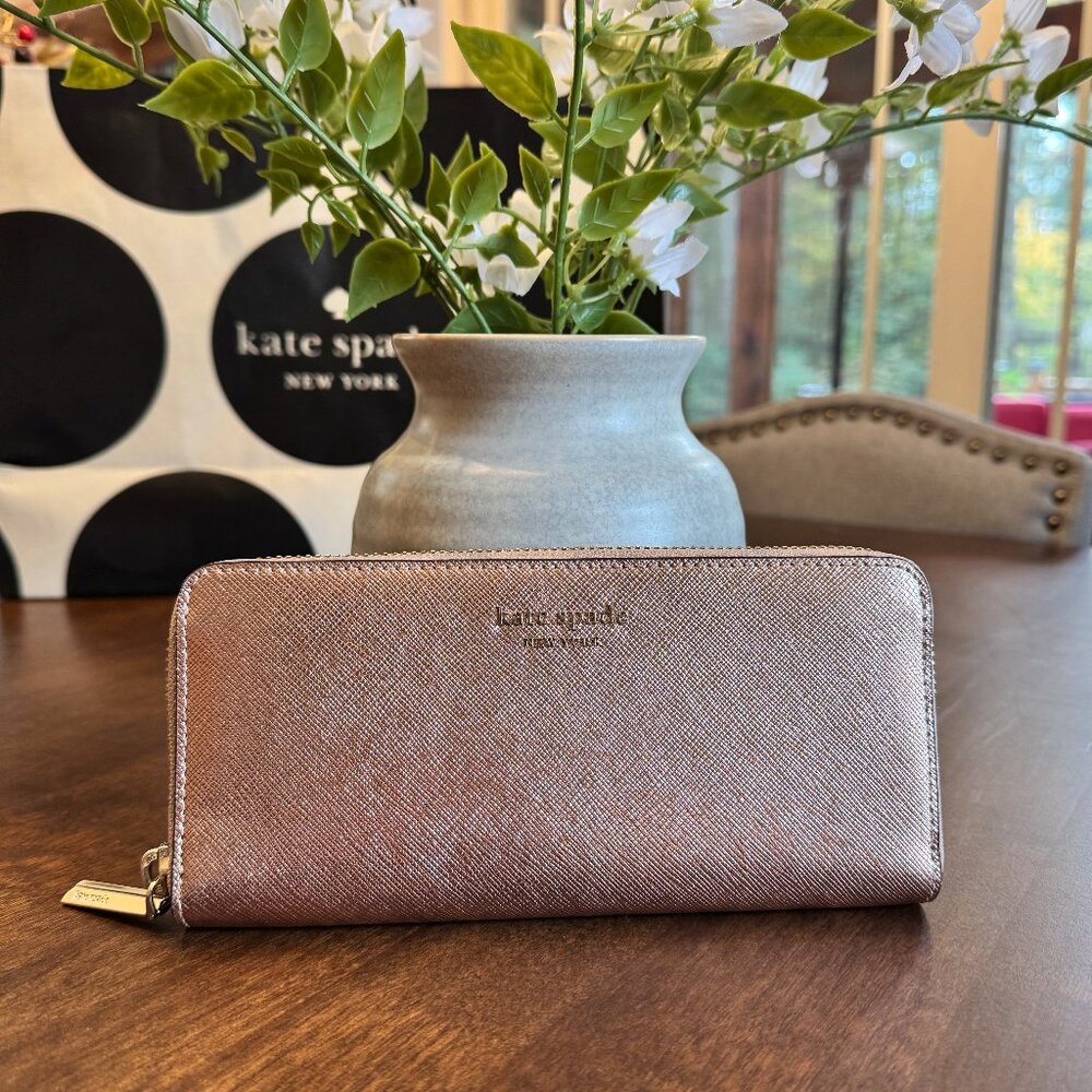 Kate Spade Spencer Metallic Leather Slim Zip Around Continental Wallet Rose Gold